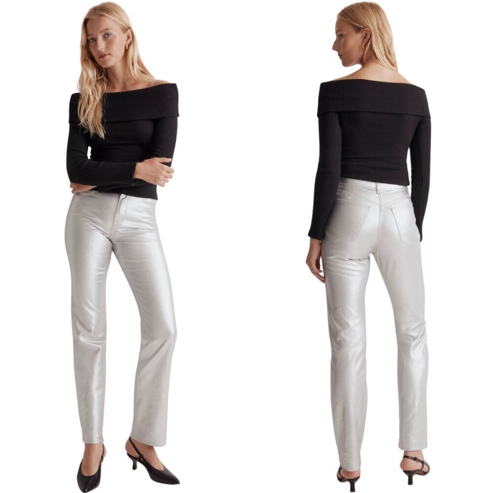 Madewell The 90s Straight Denim Jean Women's 29 Silver Foil Metallic Rigid NWT